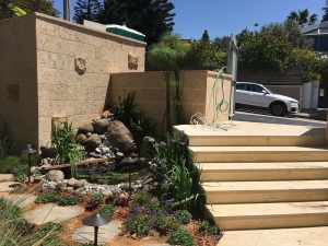 אבני מדרך לגינה משתלבות עם מדרגות אבן וחיפוי כורכר